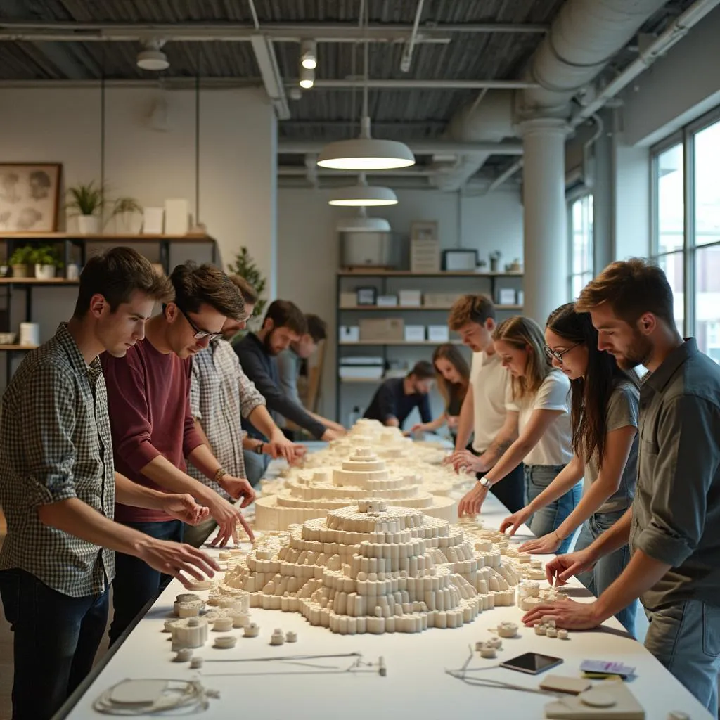 Équipe de designers Plinko discutant autour d'un prototype biomorphe